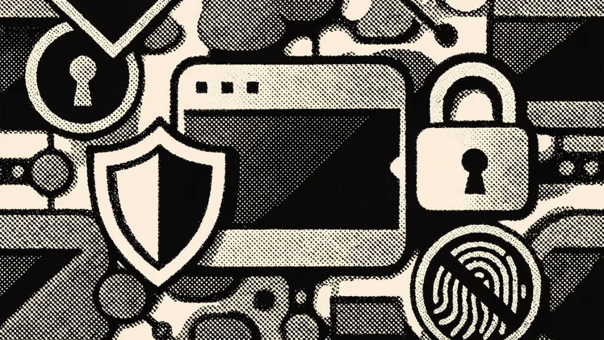 A web browser surrounded by symbols of online privacy and security